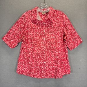 LL Bean Pink White Anchors 3/4 Sleeve Button Up Shirt Top XL-Reg